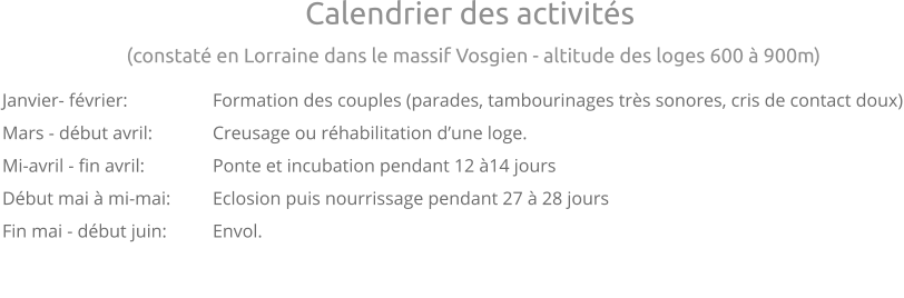 Janvier- février: 		Formation des couples (parades, tambourinages très sonores, cris de contact doux) Mars - début avril: 		Creusage ou réhabilitation d’une loge. Mi-avril - fin avril:		Ponte et incubation pendant 12 à14 jours Début mai à mi-mai:	Eclosion puis nourrissage pendant 27 à 28 jours Fin mai - début juin:		Envol.  Calendrier des activités (constaté en Lorraine dans le massif Vosgien - altitude des loges 600 à 900m)  